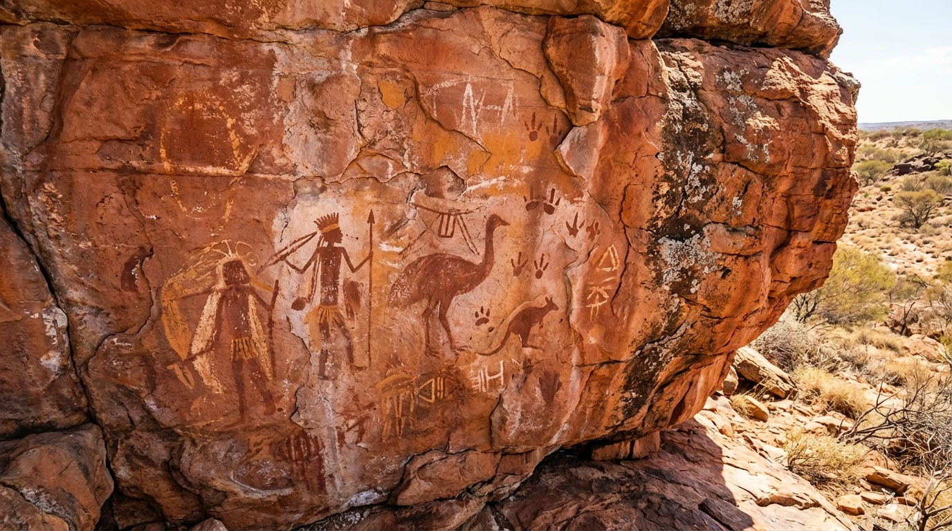 ancient Aboriginal rock art painting showing human figures and animal tracks on red sandstone cliff face