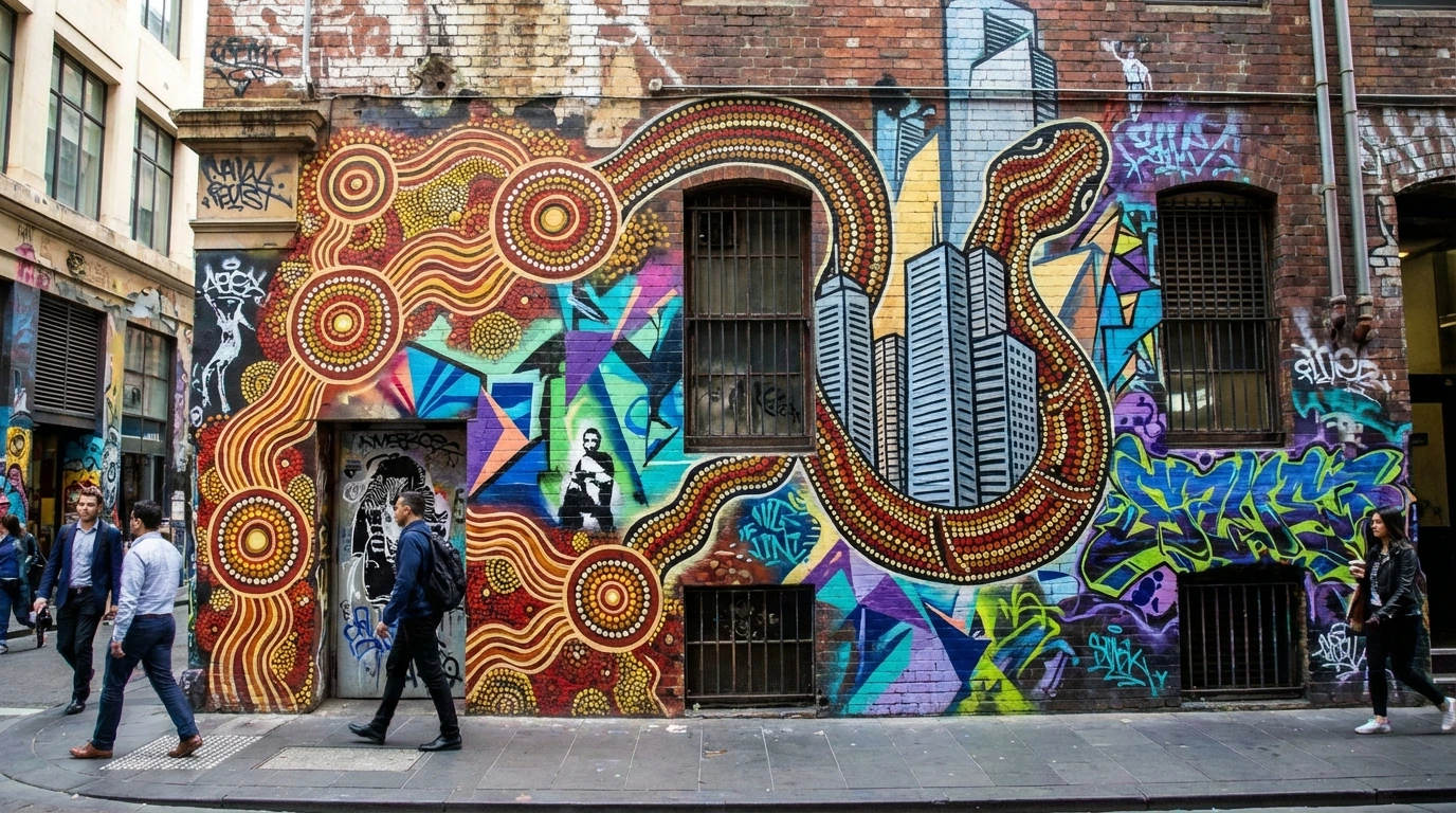 contemporary urban Aboriginal art mural on a city wall combining traditional dot patterns with modern street art elements