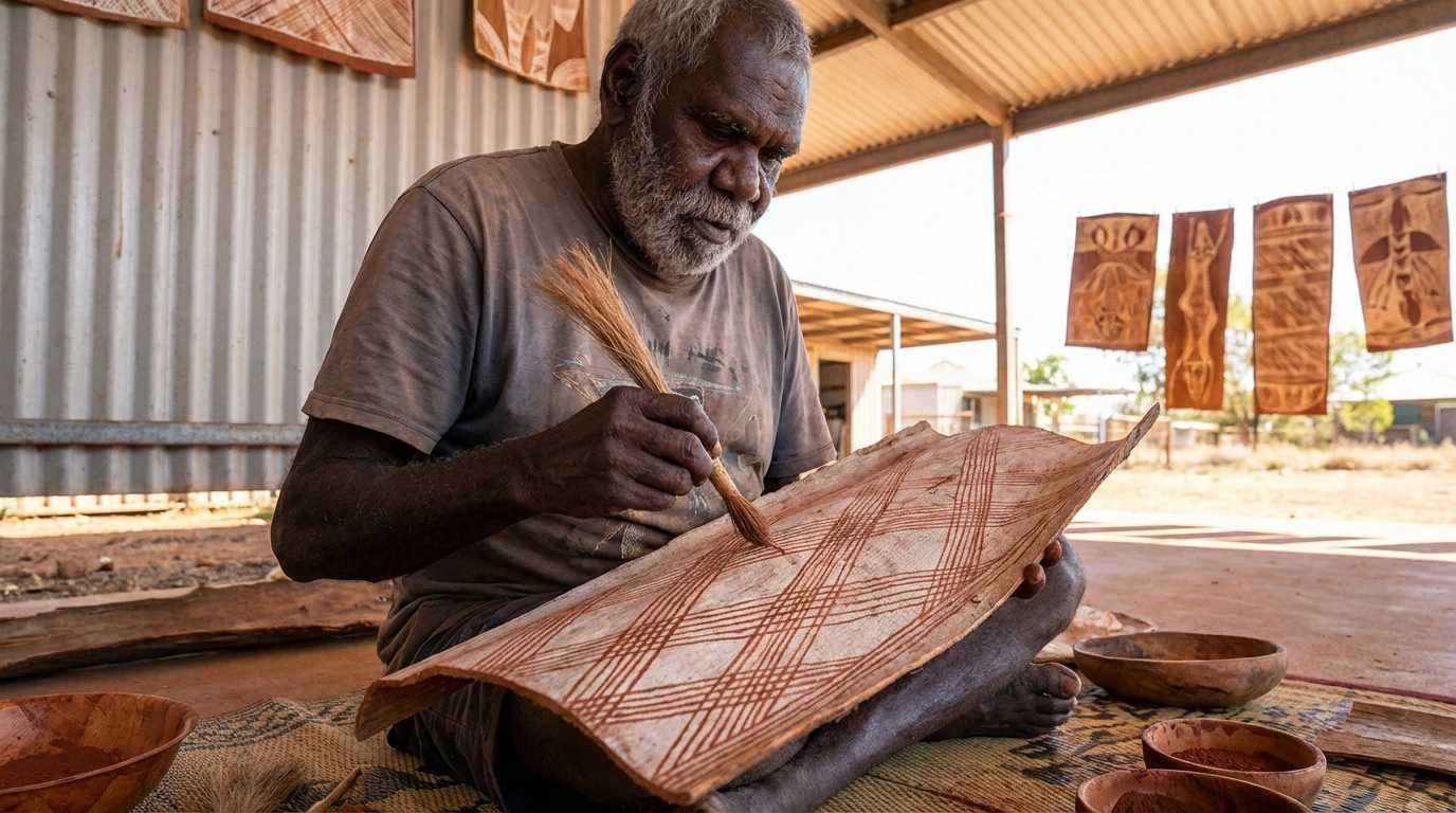 Aboriginal artist using a traditional marwat hair brush to paint fine rarrk cross hatching lines on bark