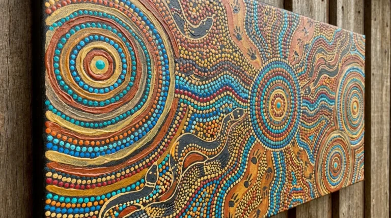 Aboriginal dot painting on canvas showing concentric circles and layered dot patterns in earthy ochre and vibrant acrylic tones
