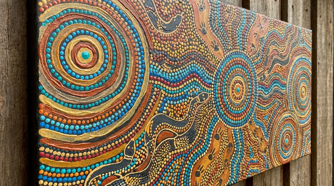 Aboriginal dot painting on canvas showing concentric circles and layered dot patterns in earthy ochre and vibrant acrylic tones