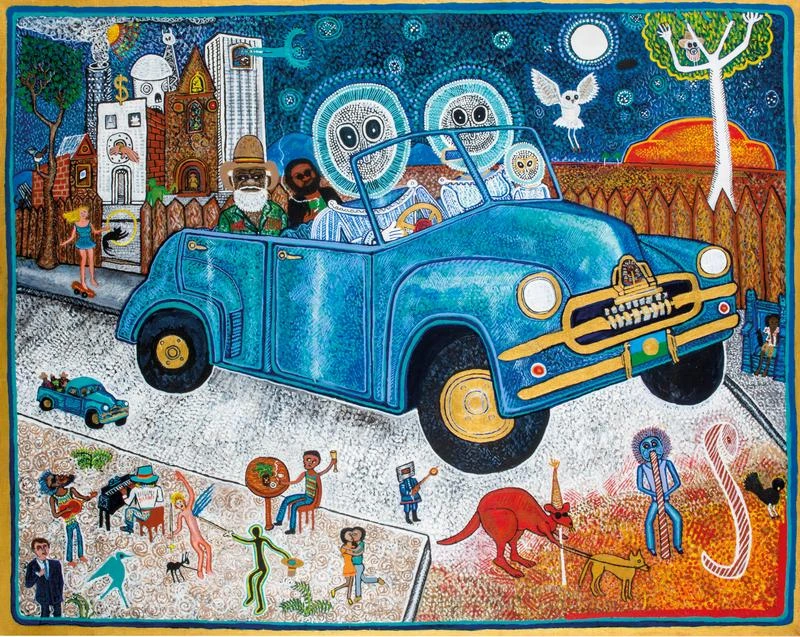 Trevor Nickolls painting showing Dreamtime symbols colliding with urban industrial imagery