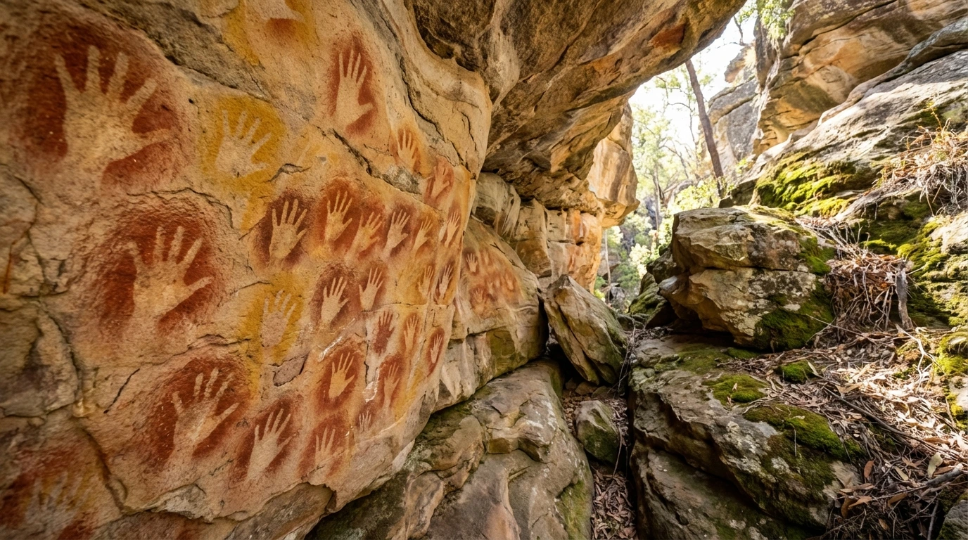 Aboriginal hand stencils created with blown ochre pigment on cave wall in Carnarvon Gorge