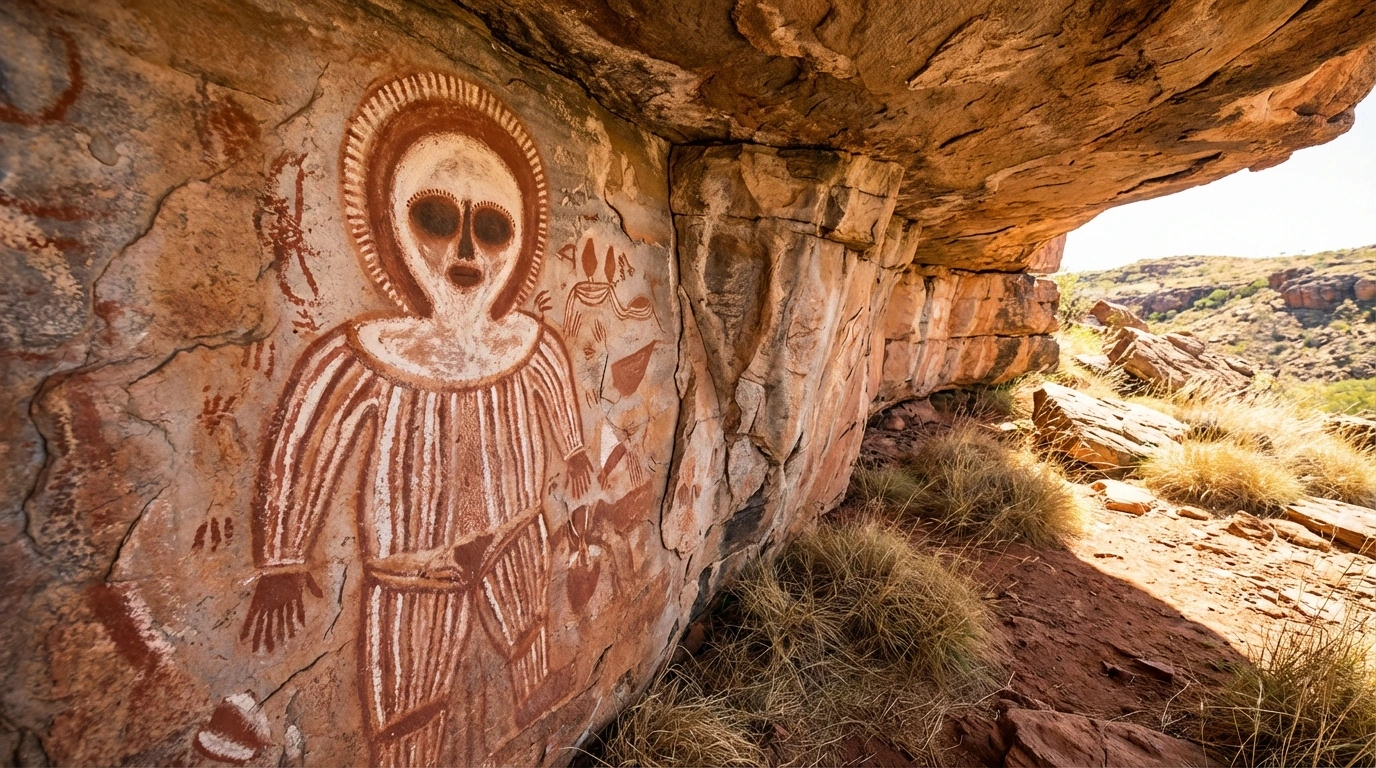 Wandjina spirit figure painted on rock shelter wall in the Kimberley region of Western Australia
