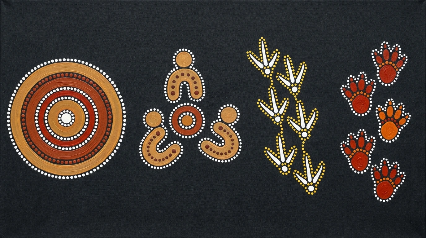 [common Aboriginal dot painting symbols including concentric circles U-shapes and animal tracks on dark background]