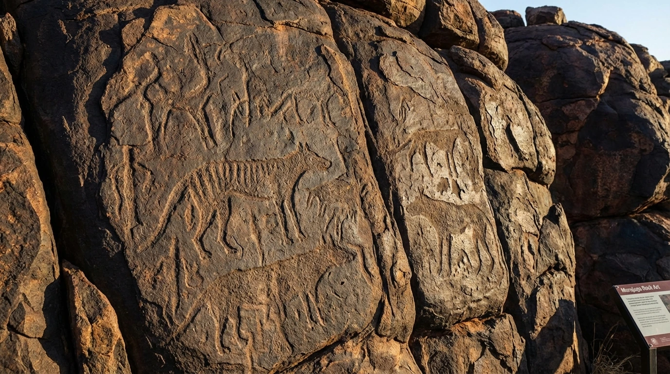 petroglyphs of extinct thylacine carved into dark rock surface at Murujuga Burrup Peninsula