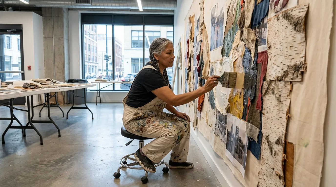 Indigenous artist working on a large-scale mixed media canvas in a contemporary art studio