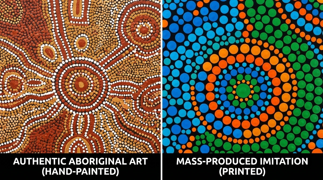 side-by-side comparison of authentic Aboriginal dot painting with rich layered detail versus mass-produced imitation with flat uniform dots