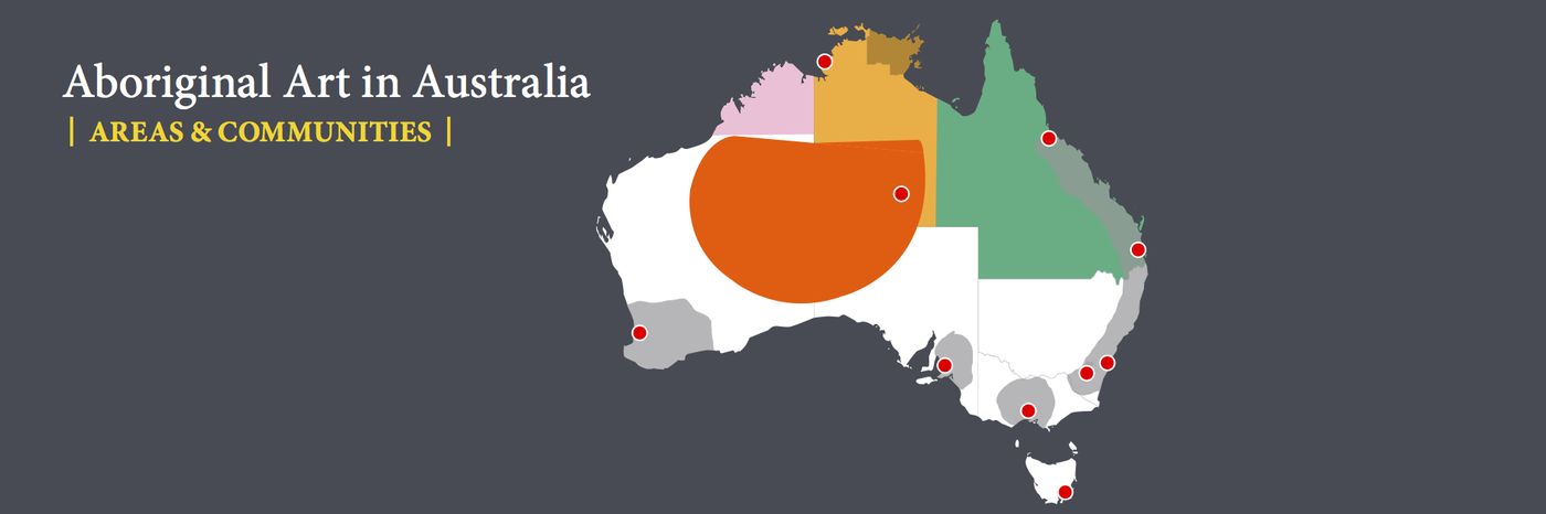 Map of Aboriginal art areas and communities across Australia