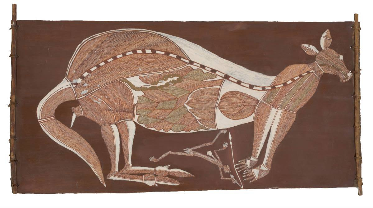 Aboriginal bark painting depicting ceremonial scenes from Arnhem Land