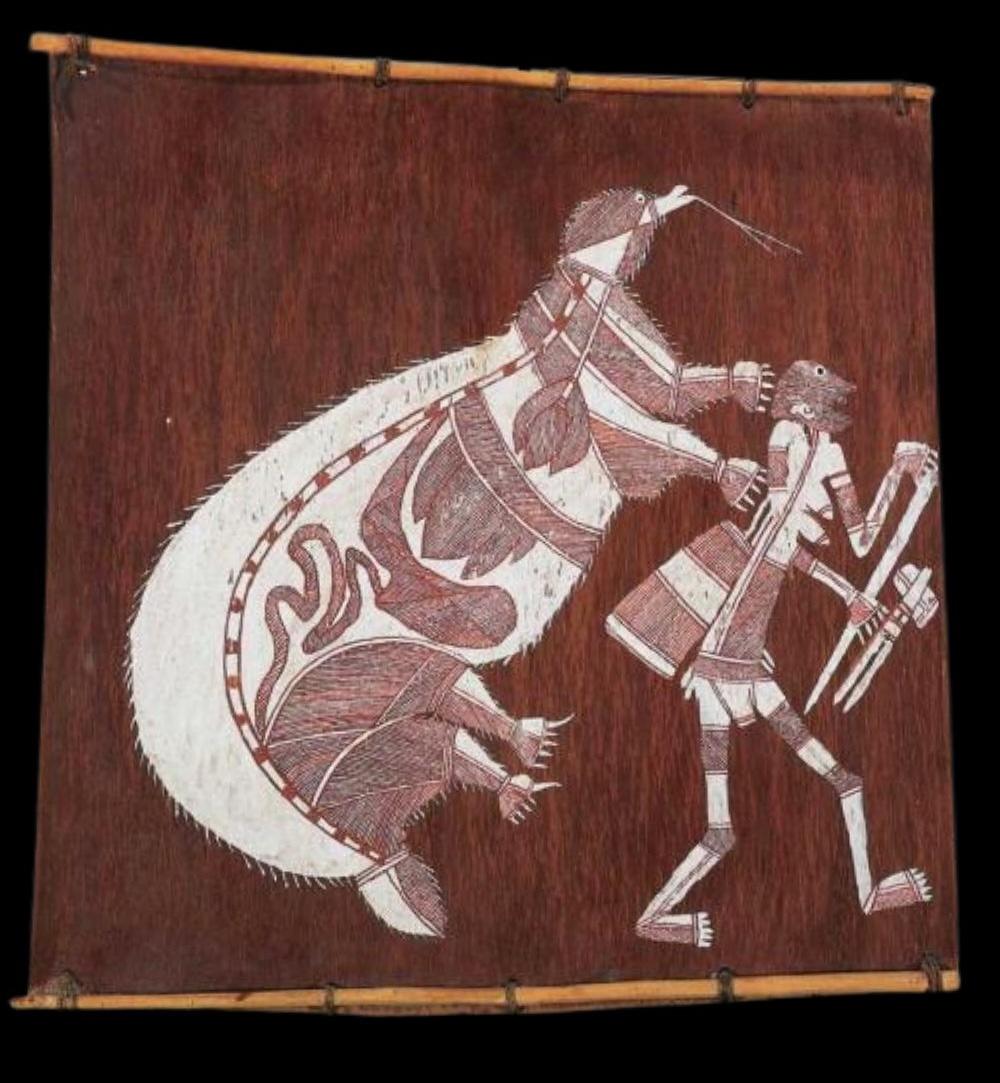 Aboriginal bark painting in rarrk style showing echidna figure