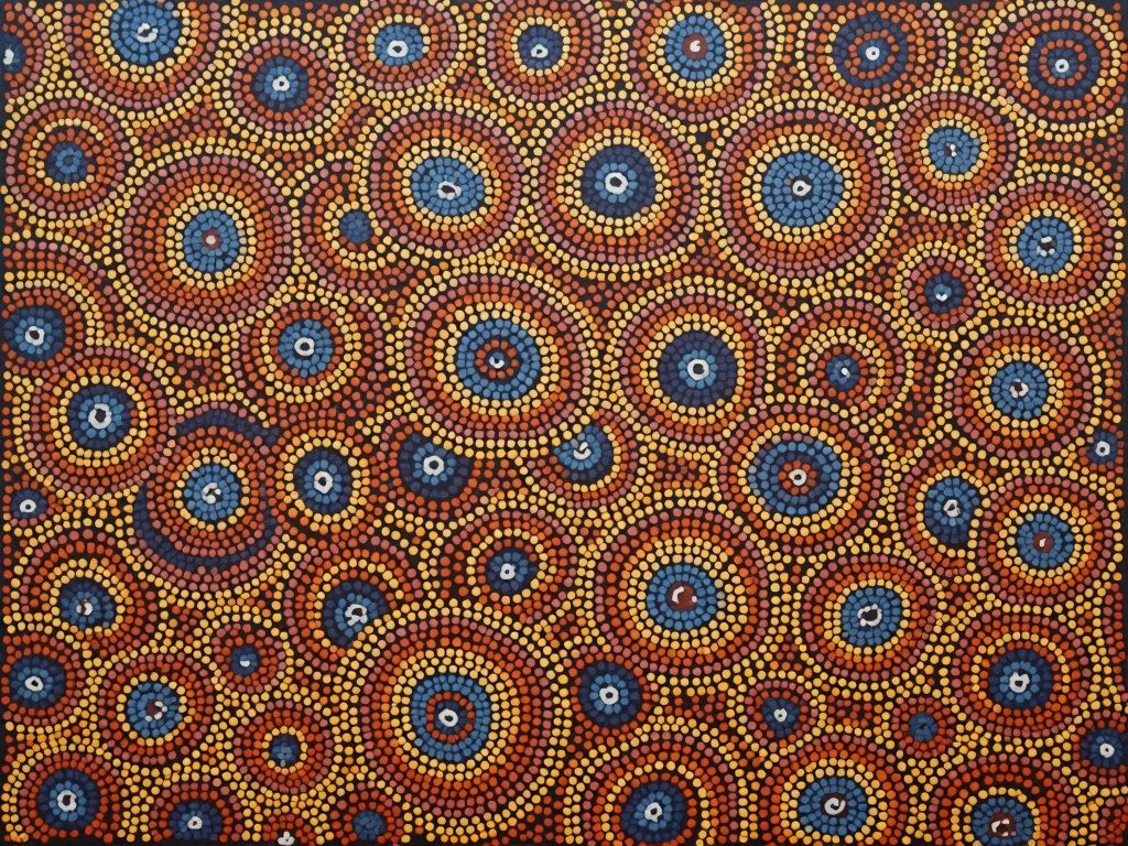Aboriginal dot painting overview with concentric circles and earth tones