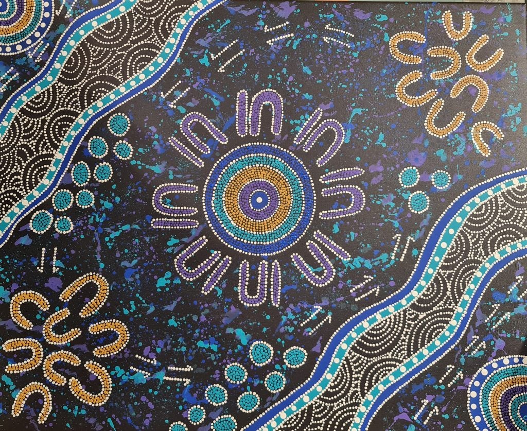 Aboriginal dot painting featuring animal tracks and circular symbols across the canvas