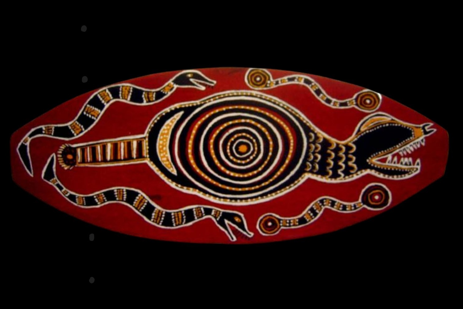 Composite showing various animals in Aboriginal Dreamtime art including kangaroo, crocodile and snake