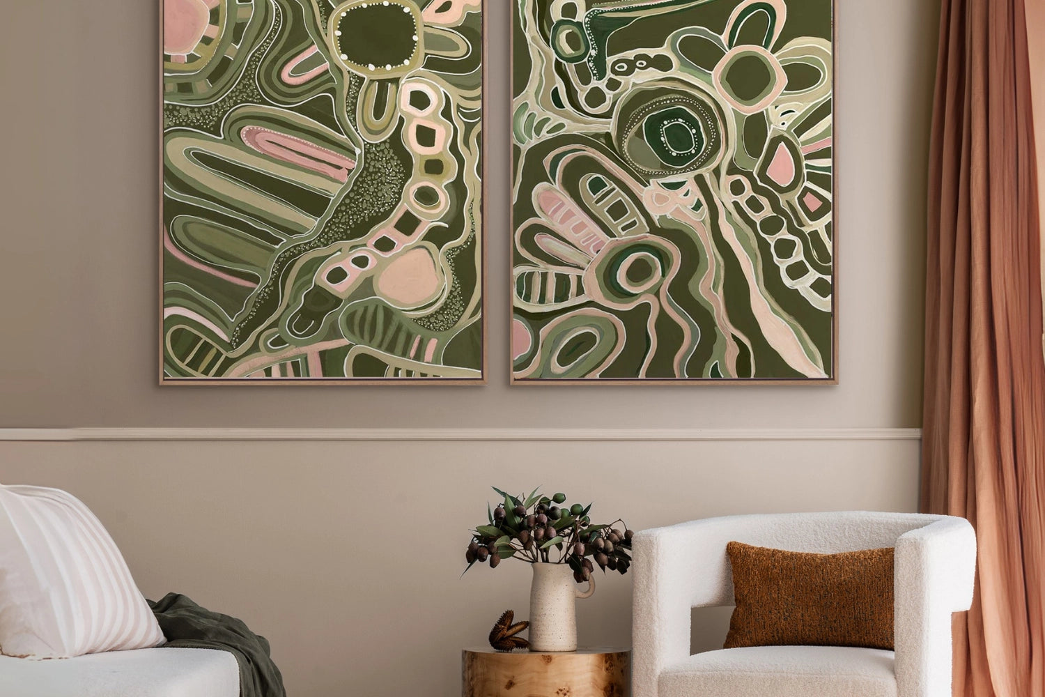 Aboriginal art styling combining canvas and sculptural pieces