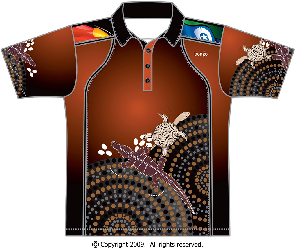Turtle-design Aboriginal art polo shirt front view