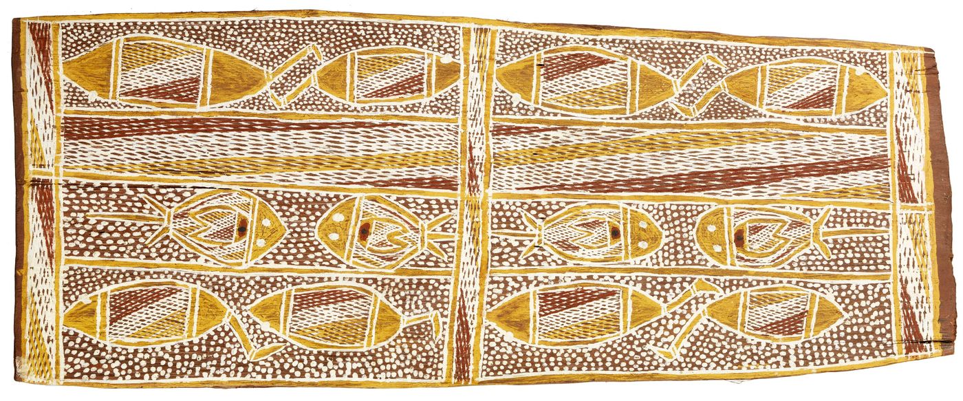 Wide-format Arnhem Land bark painting with rarrk cross-hatching