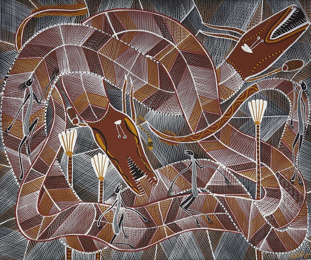 Edward Blitner bark painting from Arnhem Land depicting Yingana and Ngalyod rainbow serpents