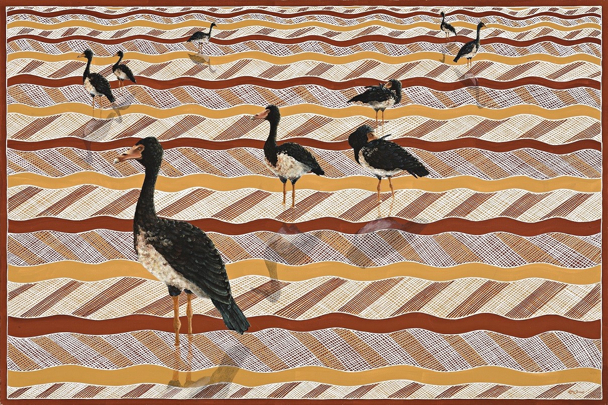 Arnhem Land artwork with magpie geese on cross-hatched ground
