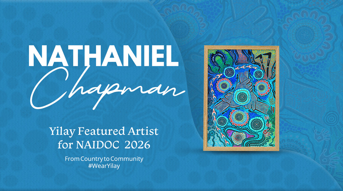 Indigenous designed clothing featuring blue artwork