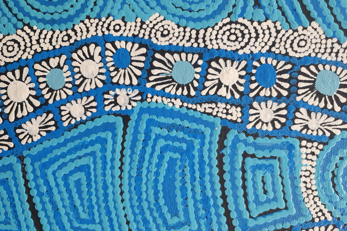 Blue waterhole design in an Aboriginal dot painting