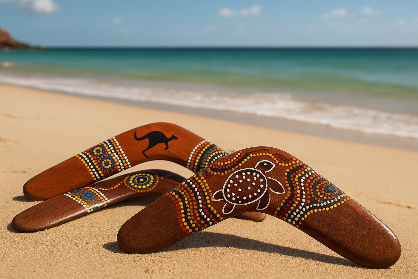 Three hand-painted Aboriginal art boomerangs laid side by side
