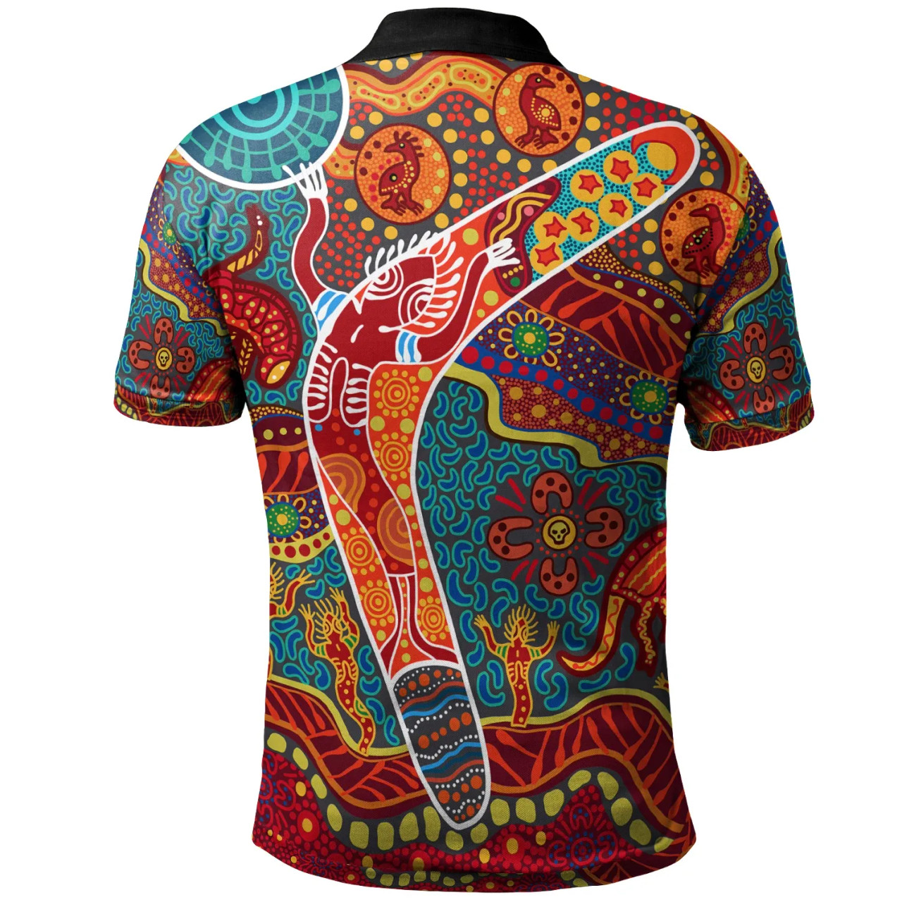 Aboriginal polo shirt printed with a boomerang motif