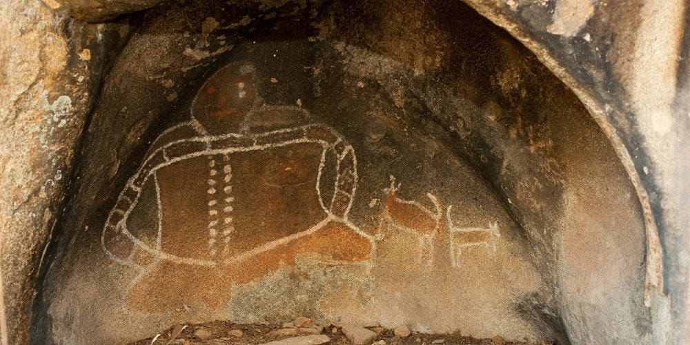 Bunjil eagle figure painted on a rock shelter wall in ancient Aboriginal rock art