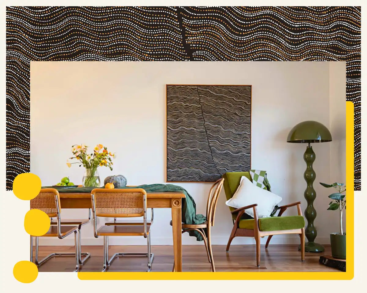 Aboriginal painting hanging on a living room wall
