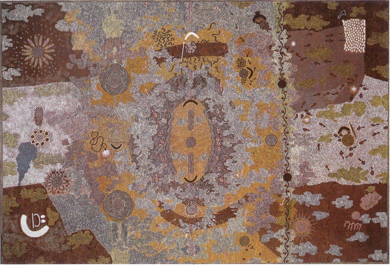Clifford Possum Tjapaltjarri Western Desert map painting with concentric site circles and Dreaming trails