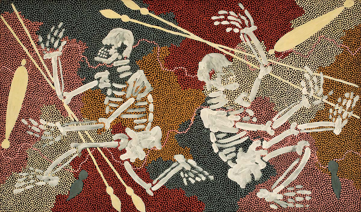 Clifford Possum Tjapaltjarri monumental canvas with figurative skeleton forms on dotted ground
