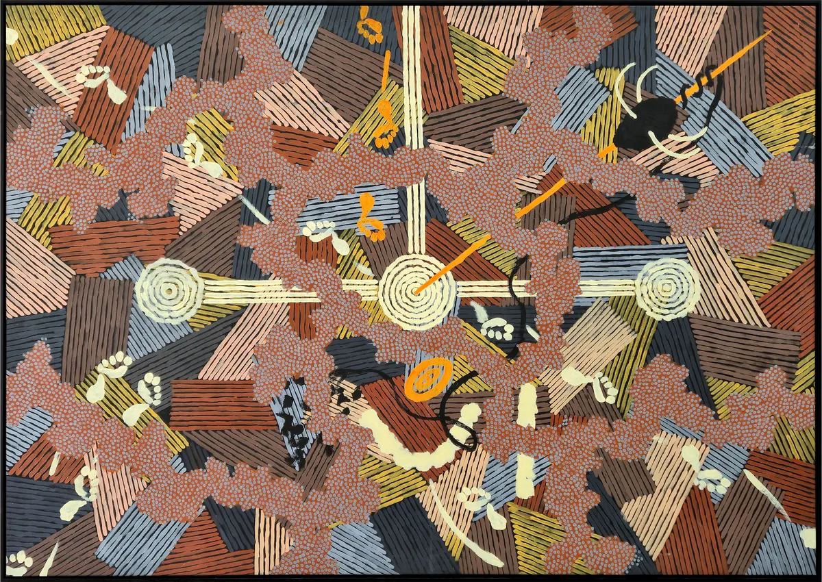 Clifford Possum Tjapaltjarri painting Love Story at Ngarlu, his father's Country
