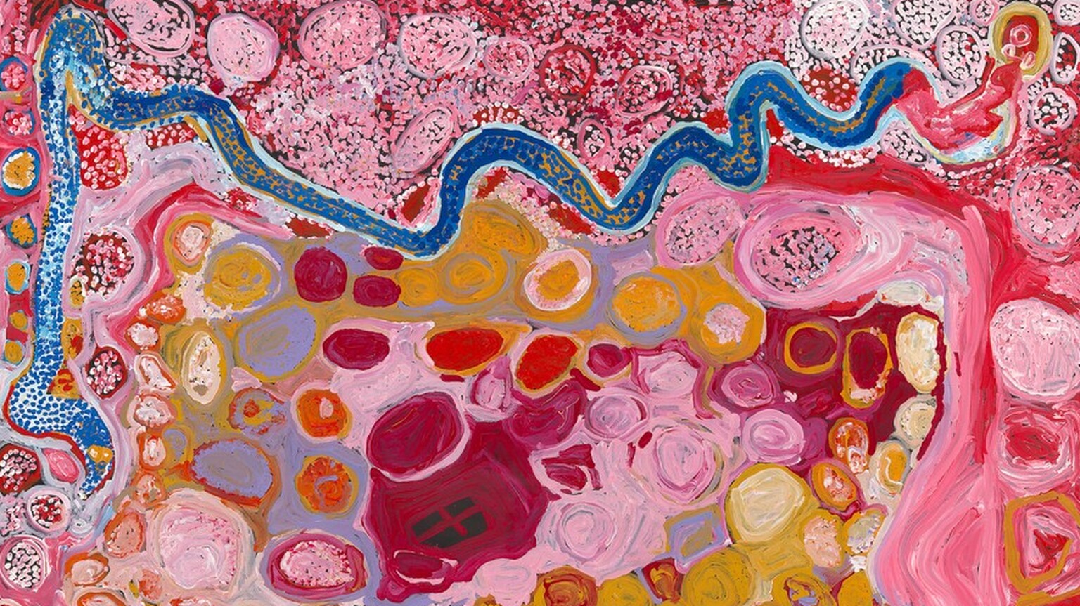 Vibrant contemporary Aboriginal acrylic painting with pink and blue tones