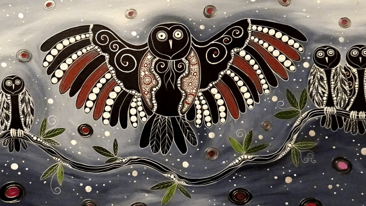 Contemporary Aboriginal artwork by Melanie Hava showing owl and owlets