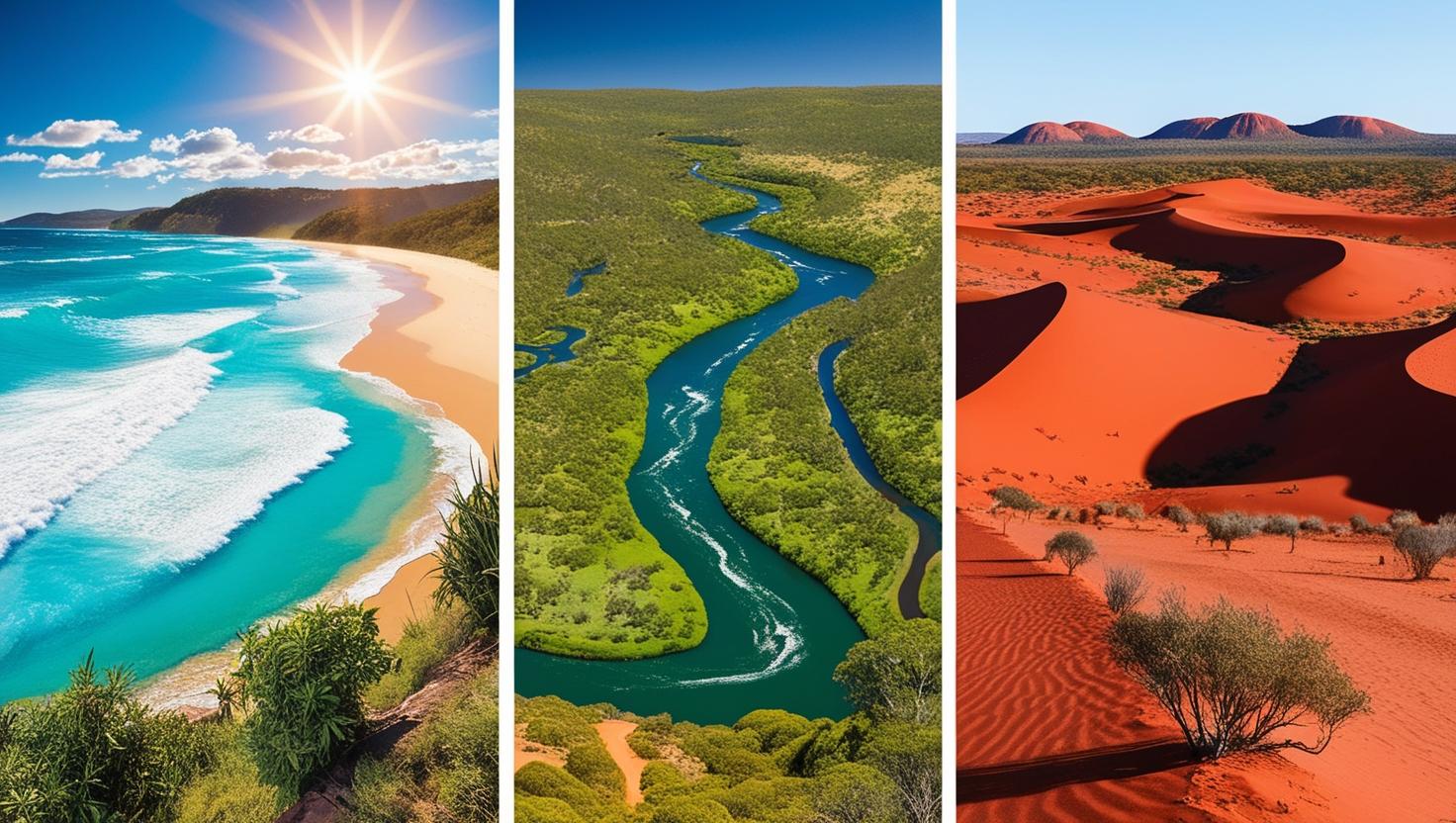Australian landscape showing desert, river and ocean Country
