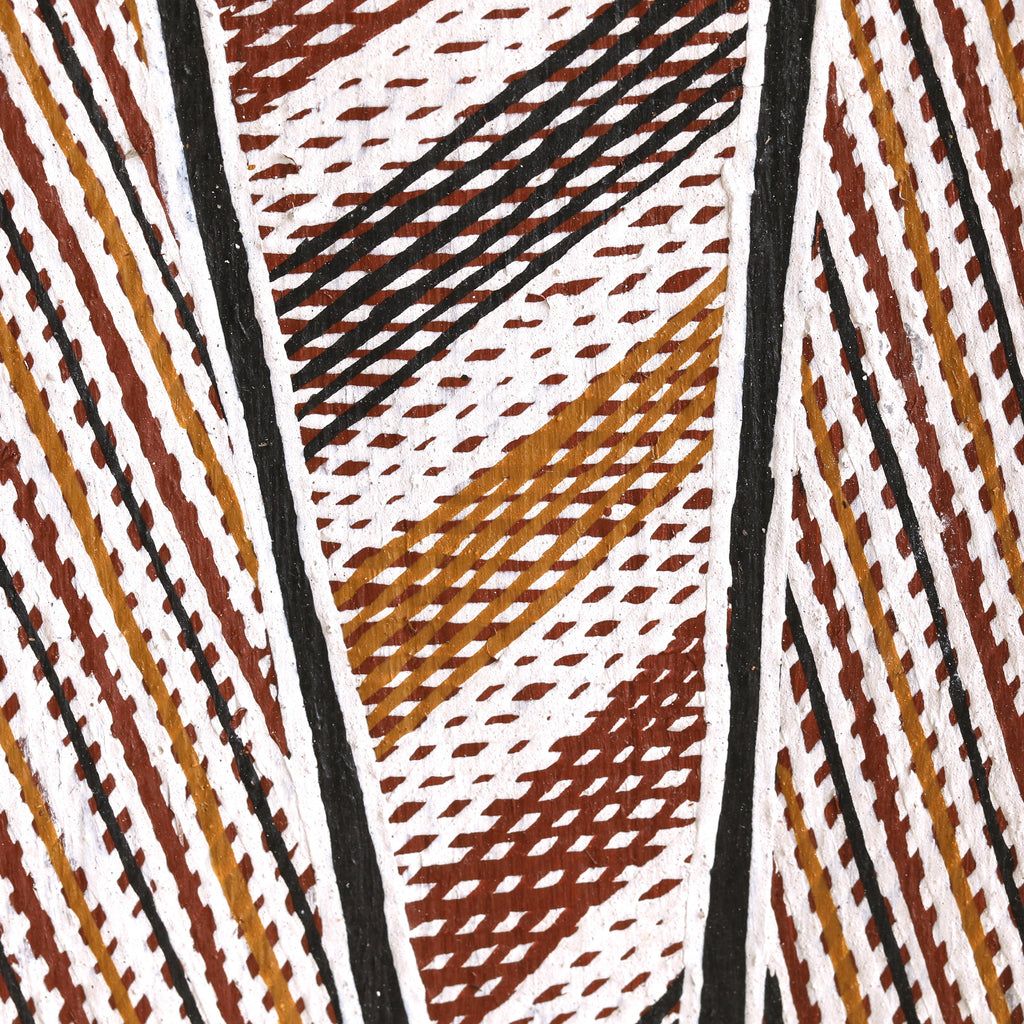 Yolngu bark painting by Djakanu Yunupinu with cross-hatched clan design