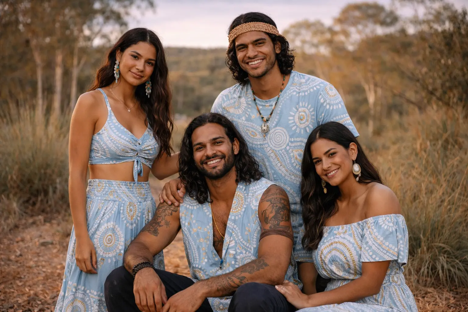 Group wearing Aboriginal-design clothing outdoors