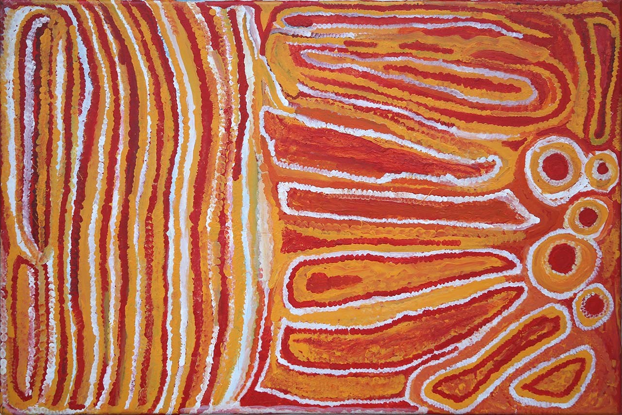 Tali by Eubena Nampitjin, concentric circles and dot patterns from the Western Desert tradition