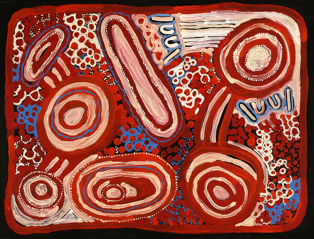 Minyma Kutjara by Inawinytji Stanley, concentric circles trace the journey of two women through multiple places