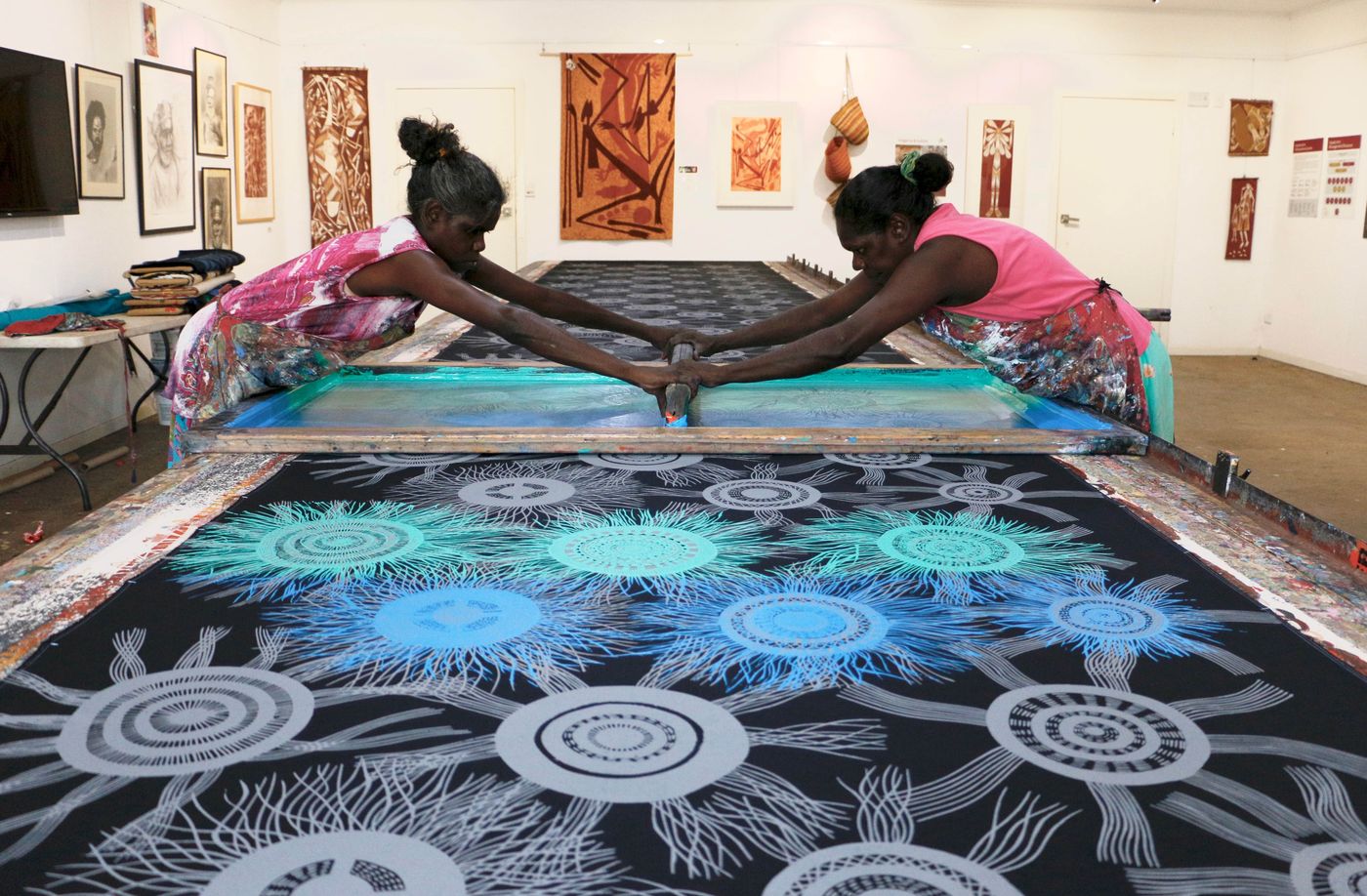 Injalak artists at work inside their remote Arnhem Land art centre