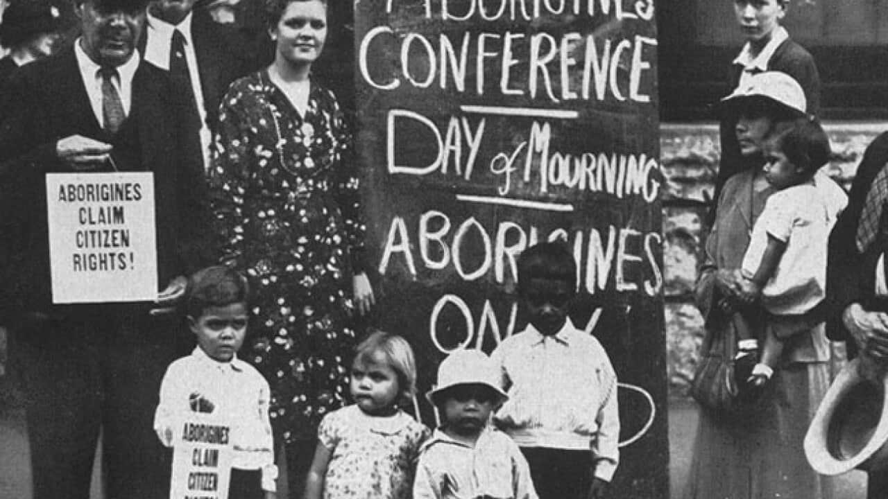 Archival photo of the 1938 Day of Mourning protest in Sydney