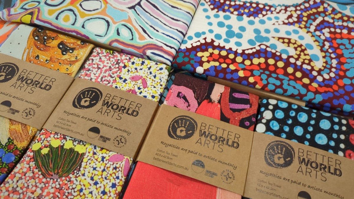 Aboriginal art tea towel collection on display