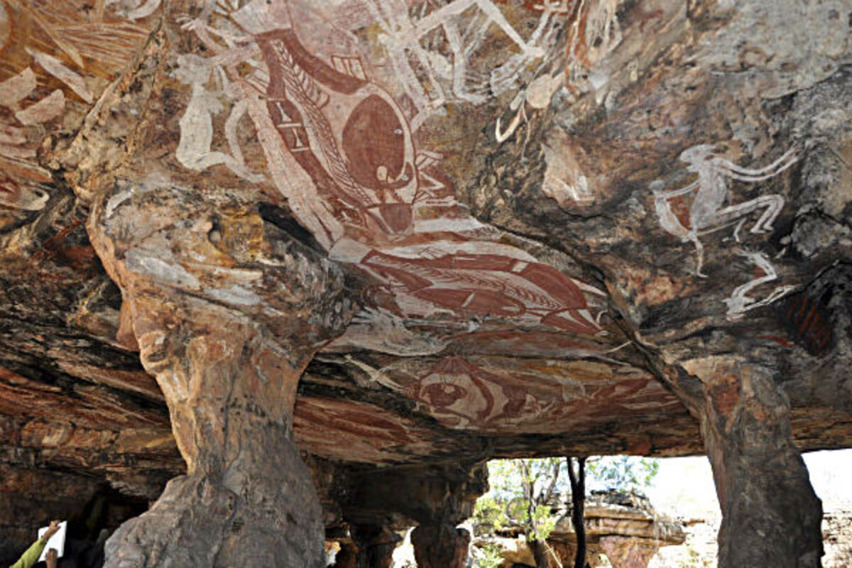 Aboriginal hand stencil rock art on sandstone