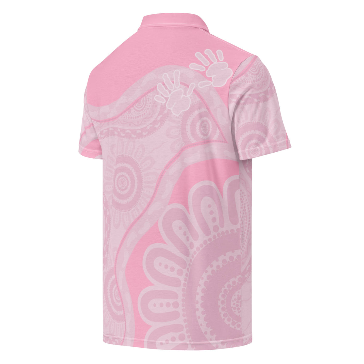 Pink Aboriginal art polo shirt with gathering and pathways design