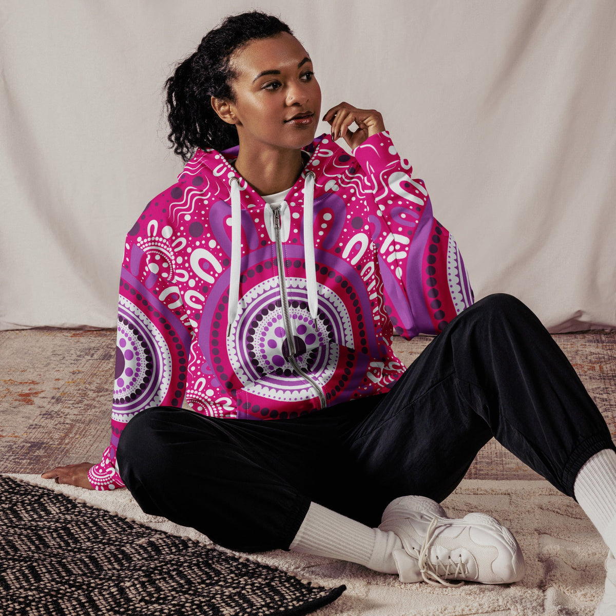 Pink Aboriginal art zip hoodie
