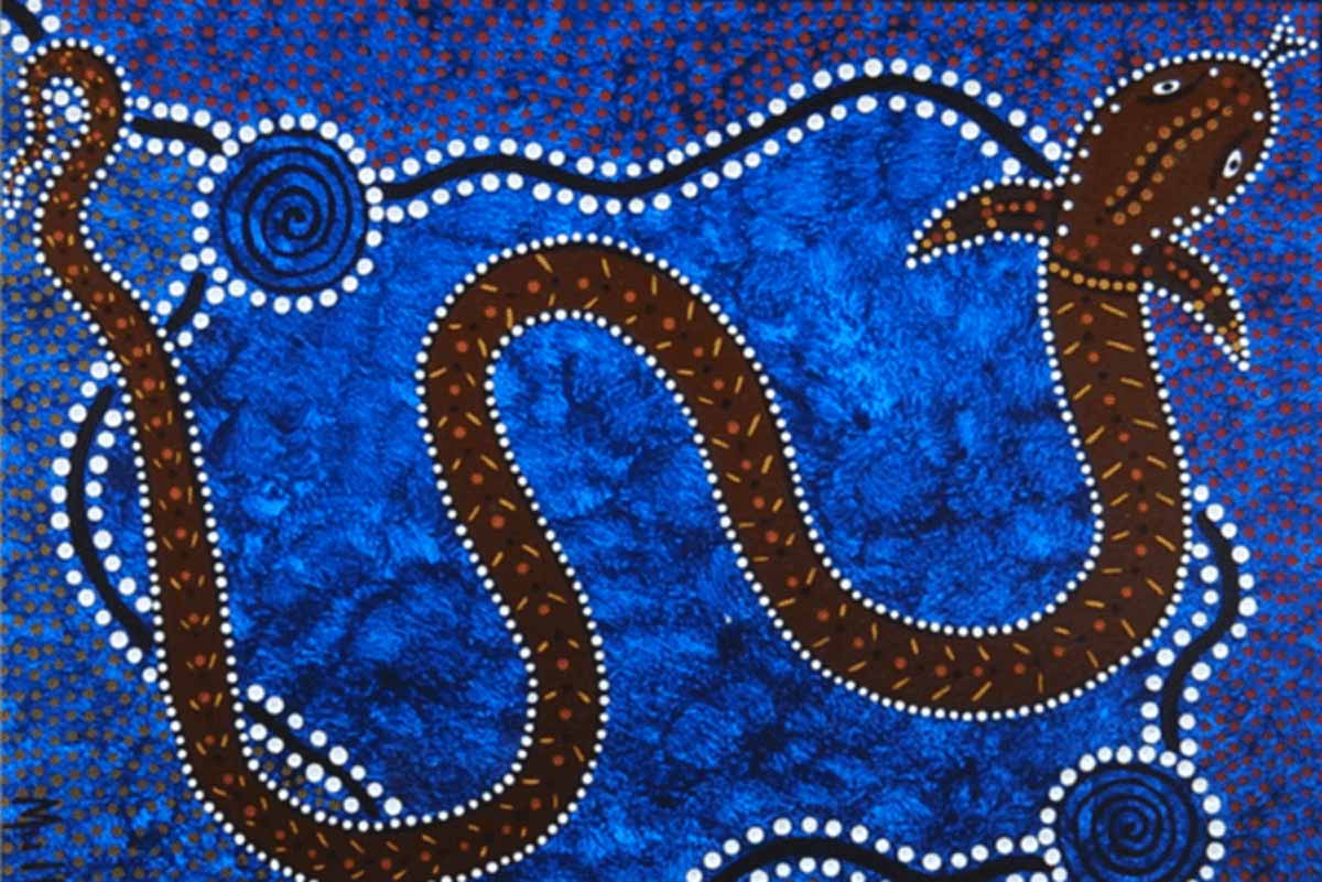Rainbow Serpent Dreaming story in Aboriginal painting