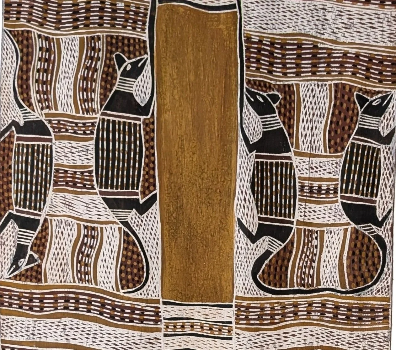 Rarrk cross-hatching bark painting showing possums with fine line work