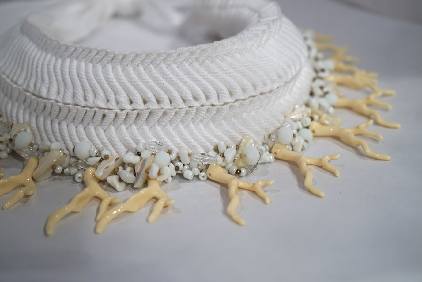 Grace Lillian Lee beaded weave work in white and corals