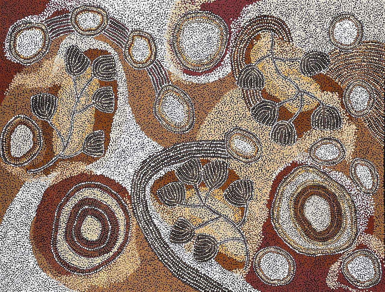 Utopia-style Aboriginal dot painting in soft palette