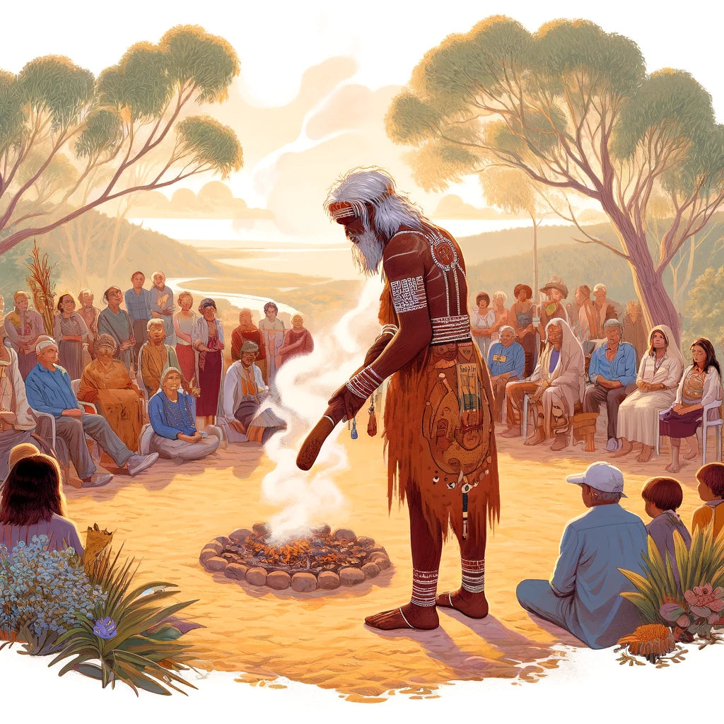 Illustration of a Welcome to Country ceremony with Traditional Owners